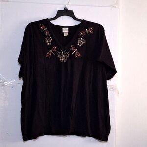 A Khol's Women's Plus Sized Top Butterflies Dragonflies Metallic Embellished 4X